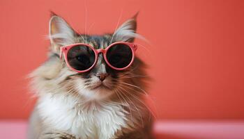 ai generado gato vistiendo Gafas de sol en sencillo antecedentes. felino gato con Gafas de sol aislado en antecedentes. de moda peludo gato posando para cámara en Gafas de sol foto