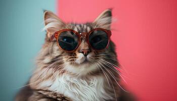 ai generado gato vistiendo Gafas de sol en sencillo antecedentes. felino gato con Gafas de sol aislado en antecedentes. de moda peludo gato posando para cámara en Gafas de sol foto