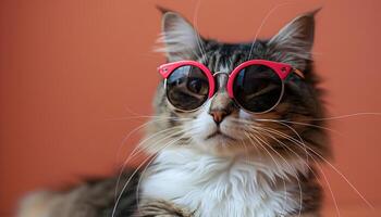 ai generado gato vistiendo Gafas de sol en sencillo antecedentes. felino gato con Gafas de sol aislado en antecedentes. de moda peludo gato posando para cámara en Gafas de sol foto