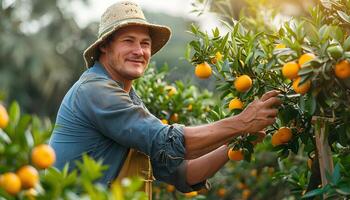 AI generated Man picking oranges off of an orange tree. Happy farmer picking an orange from his tree while the sun is shining. Orange picking season photo