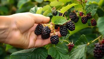 AI generated Hand picking blackberries off of a blackberry shrub. Blackberry picking season. Person picking ripe blackberries. Blackberry harvest. Blackberry fruit photo