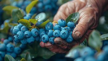 AI generated Blueberry harvest season. Hands picking blueberries from a blueberry shrub during the harvest season. Blueberry picking photo