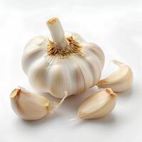 AI generated Garlic isolated on white background with shadow. Clove of garlic isolated. Garlic top view. Flavourful garlic herb for food preparations photo