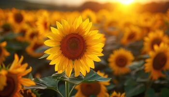 AI generated Sunflower field at sunset. Sunflower field at sunrise. Field of yellow fully bloomed sunflowers during summer time. Yellow flower bloom photo