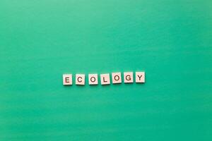 Word ecology from wooden letters on a green background. Flatly eco photo