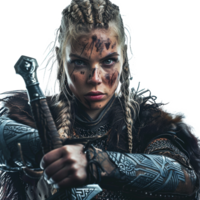 ai generado mujer vikingo retrato con espada en transparente antecedentes png