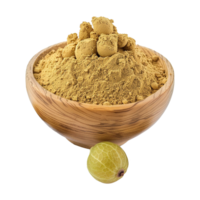 AI generated Gooseberries indian amla powder in wooden bowl isolated on transparent background png