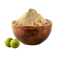 AI generated Gooseberries indian amla powder in wooden bowl isolated on transparent background png