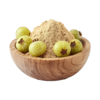 AI generated Gooseberries indian amla powder in wooden bowl isolated on transparent background png