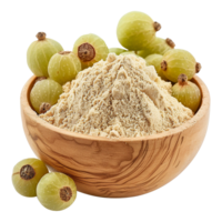 AI generated Gooseberries indian amla powder in wooden bowl isolated on transparent background png