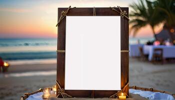 AI generated Close-up of a beach food menu frame mockup during a party, with a blurred or bokeh background. photo