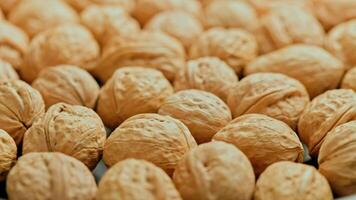 looped spinning walnuts with shells close-up full frame background video