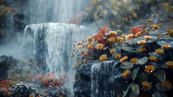 AI generated Nature Zen Scenery Autumn Waterfall Collage Art photo