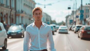 AI generated attractive man walks along a city street photo