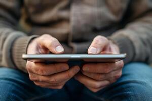 AI generated man's hand holds a tablet, blurred background photo