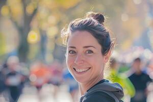 AI generated woman with a smile runs a marathon, with blurred runners in the background photo