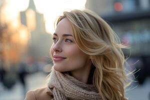 AI generated Portrait of an attractive blonde woman on a daylight city street photo