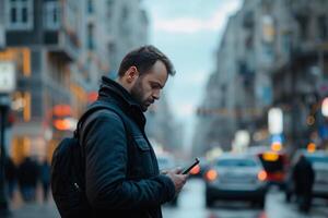 ai generado al aire libre retrato de moderno de edad mediana hombre con móvil teléfono en el calle foto