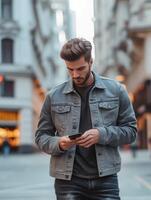 AI generated Outdoor portrait of modern young man with mobile phone in the street photo