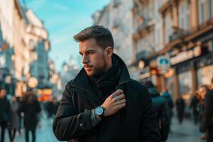 AI generated Outdoor portrait in profile of a modern middle-aged man on the street photo