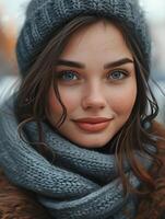 AI generated portrait of an attractive brunette woman in a scarf and knitted hat with a cup on the city street photo