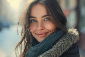 AI generated portrait of an attractive brunette woman in a scarf on the city street photo