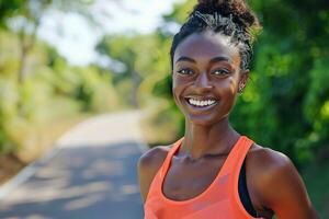 ai generado negro mujer con un sonrisa carreras un maratón, con borroso corredores en el antecedentes foto