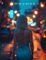 ai generado un atractivo rubia en un azul vestir en un noche calle foto