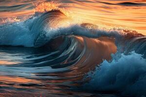 ai generado azul Oceano ola estrellarse a puesta de sol foto
