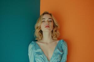 ai generado atractivo rubia mujer en un azul vestir soportes en un verde azulado y naranja color antecedentes foto