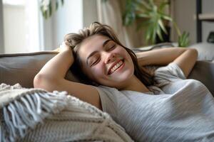 AI generated Smiling girl enjoying day off lying on the couch, Healthy life style, good vibes, new home concept photo
