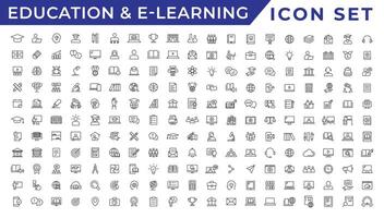 E-learning icon set. Online education icon set. Thin line icons set. Distance learning. Containing video tuition, e-learning, online course, audio course, educational website vector