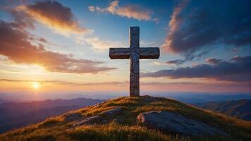 ai generado silueta de cruzar en el montaña, puesta de sol antecedentes. cristiano creencias. foto