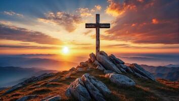 AI generated Silhouette of cross on the mountain, sunset background. Christian beliefs. photo