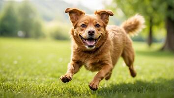 ai generado linda marrón perro es felizmente corriendo en el césped. foto