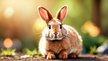 AI generated Easter day. Cute rabbit on a blurry nature background. photo