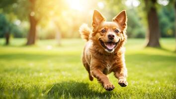 ai generado linda marrón perro es felizmente corriendo en el césped. foto