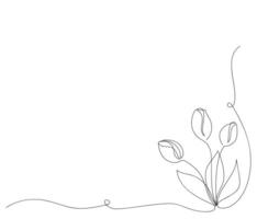 Corner element in minimalist style. Bouquet tulip flowers drawn by one line. Sketch. Continuous line drawing floral pattern. Design for wedding flyer, blank, template. Hand drawn vector illustration