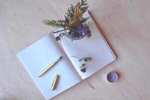 Opened notebook and pen on the pink concrete table. Beautiful business flat lay. photo