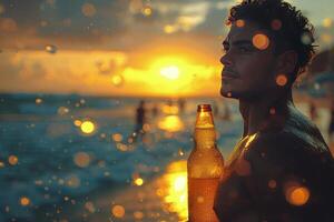 ai generado joven hombre con un botella de cerveza en el playa foto