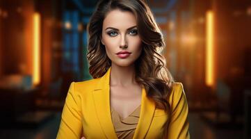 AI generated a businesswoman in yellow blazer standing with her arms crossed photo