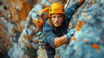 ai generado rock trepador escalada un escarpado acantilado, con vistoso alpinismo engranaje contrastando en contra foto