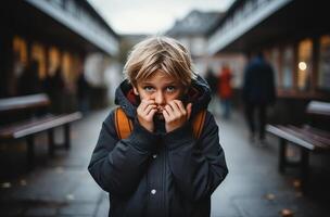 AI generated a boy with the back of his hand covering his face photo