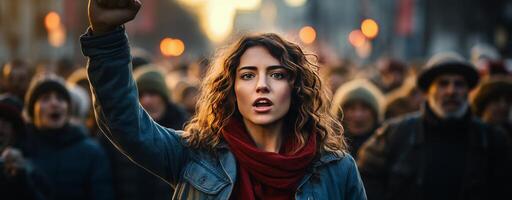 AI generated protesting during a large event, with a woman reaching up with a fist photo