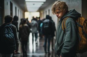 AI generated boy in hallway looking down at his backpack in disbelief with other people photo