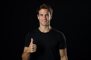 AI generated man in tshirt making gesture to show thumbs up photo