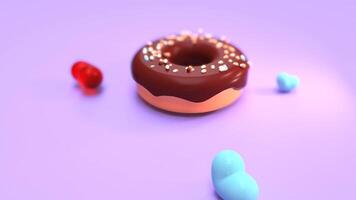 chocolate 3d rosquinha ou rosquinha para velozes Comida aniversário celebração conceito. rosquinha desenho animado estilo em azul fundo. 3d Renderização ilustração com coração formas video