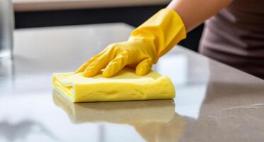 AI generated woman cleaning with yellow glove and sponge on the counter photo