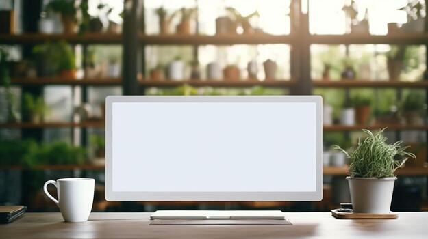 AI generated blank screen monitor on coffee table photo