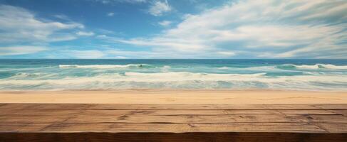 AI generated wooden table with beach on top photo